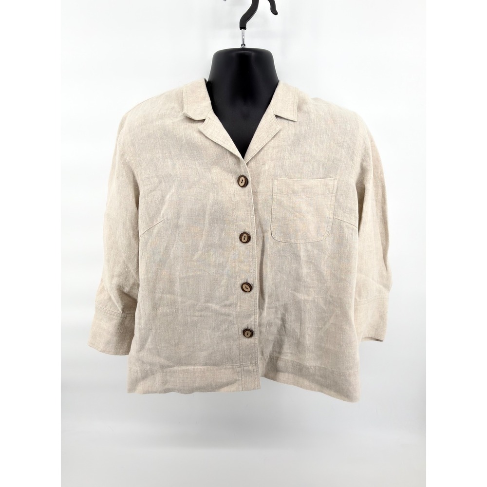 Easy Spirit Button Down Shirt Womens Large Beige 100% Linen 3/4 Sleeve‎ Notched